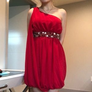 Bright Red Fancy One Shoulder Dress